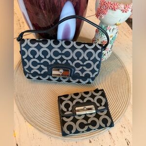 Coach Kristen Black and Gray Signature Canvas Shoulder Bag with Matching Wallet